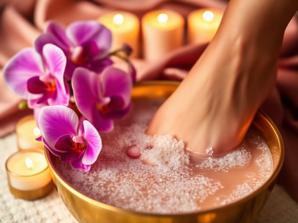 Escalda-pés efervescente em bacia dourada com orquídeas e velas acesas