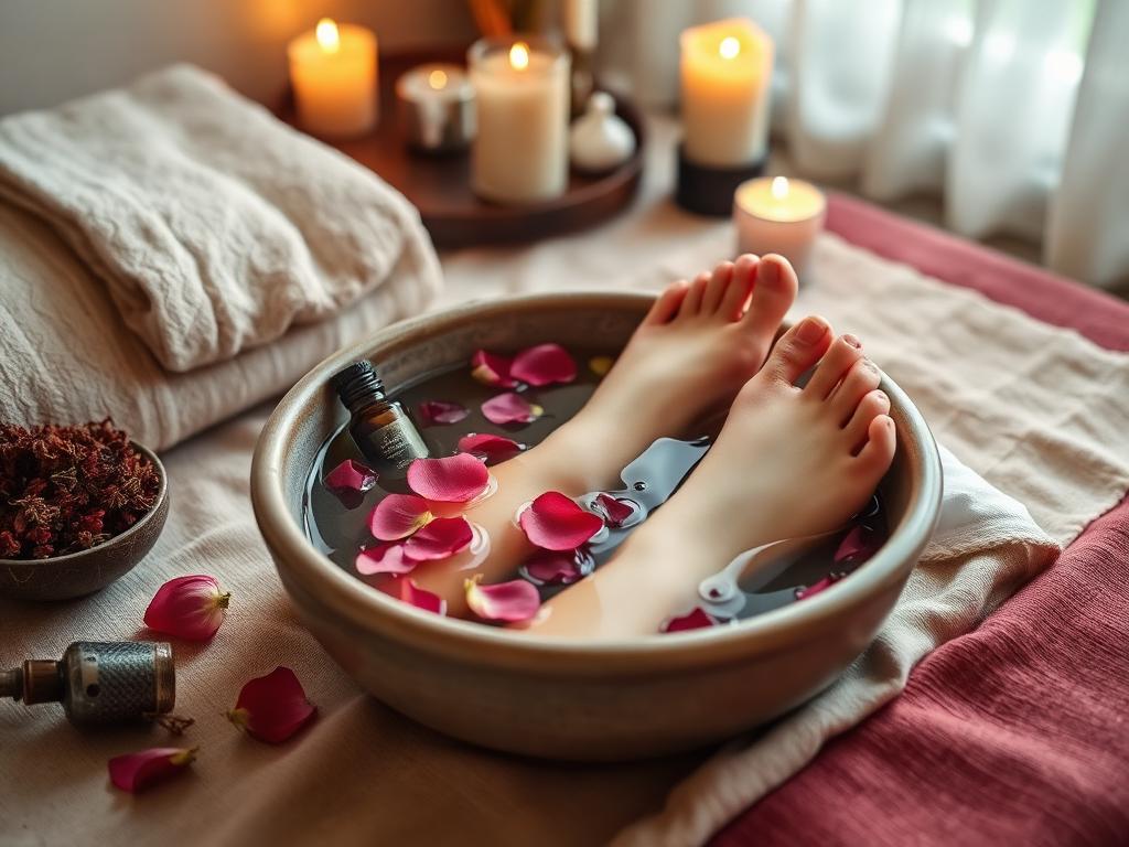 Pés em bacia de cerâmica com água morna, pétalas de rosa e óleos essenciais à luz de velas